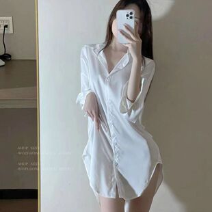 家居服男友风缎面衬衫长款清纯ins睡衣网红同款纯欲睡裙薄款居家