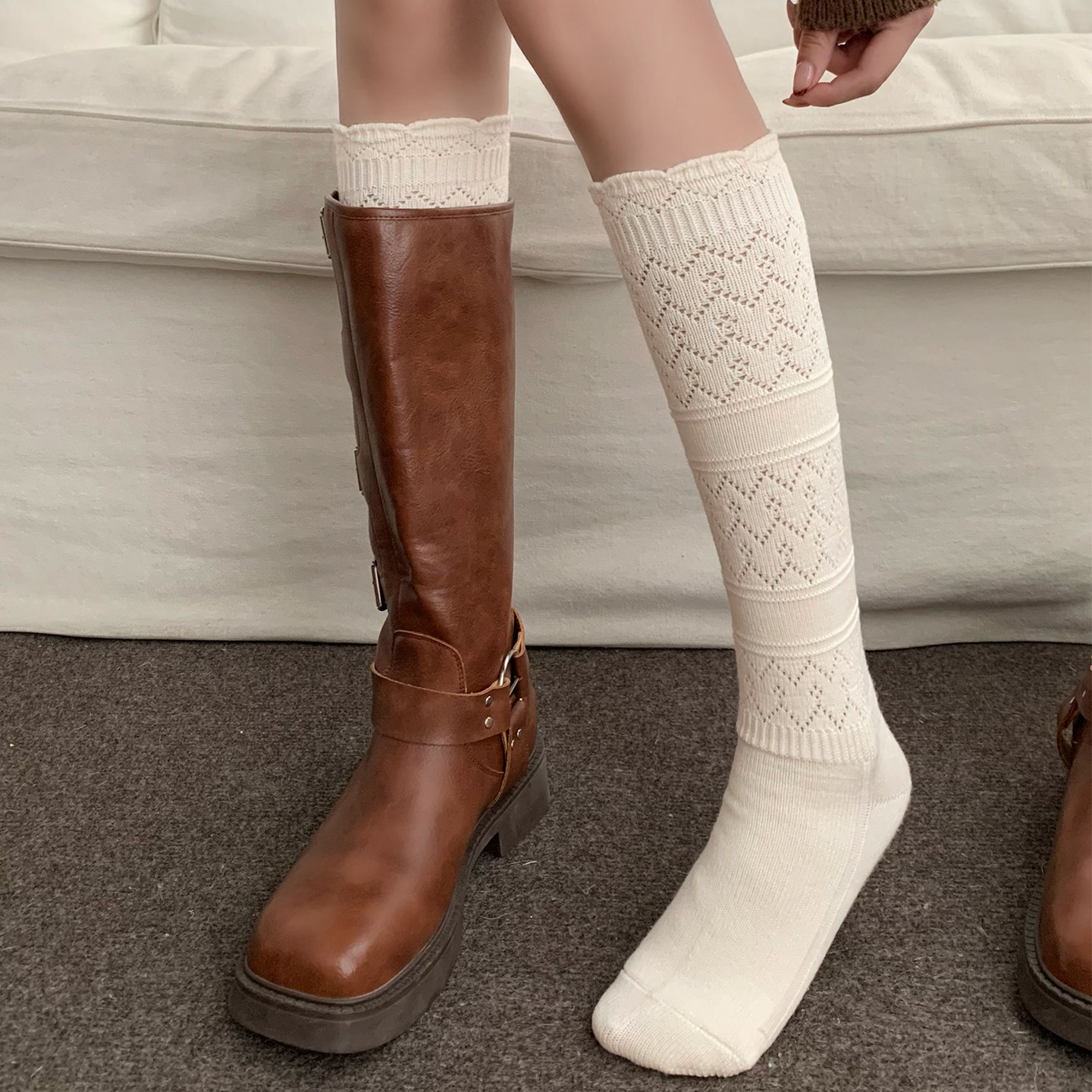 日系复古镂空羊毛小腿袜子女秋冬保暖配靴子长筒袜时尚花边堆堆袜,女士内衣/男士内衣/家居服,中筒袜,淘宝优惠券,粉丝福利购,淘宝优惠卷