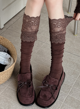 美拉德咖色小腿袜子女春夏秋季白色堆堆袜ins潮蕾丝花边长筒靴袜