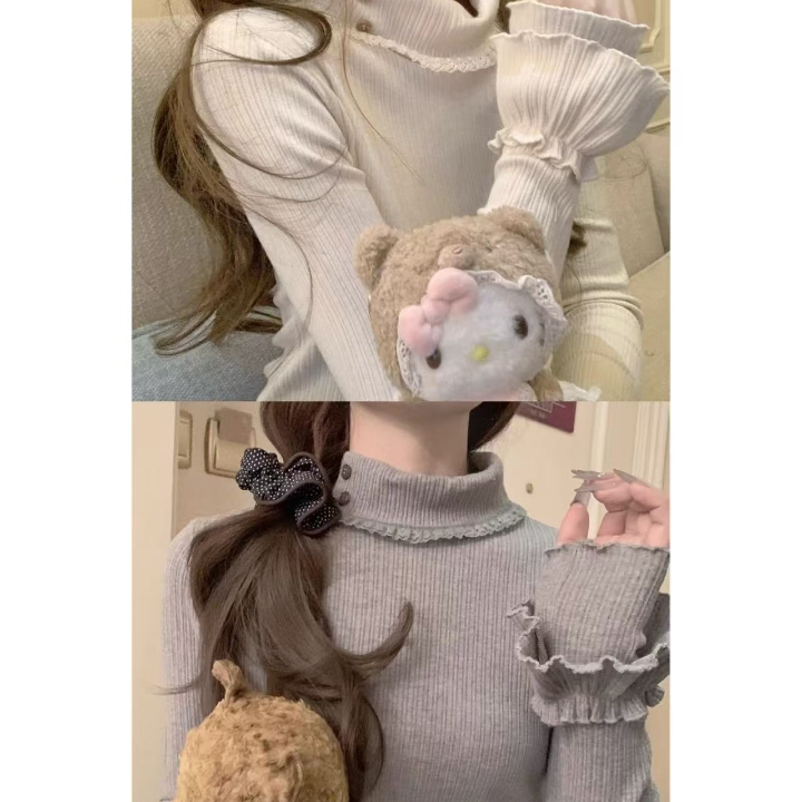 DOLL原创-香香布蕾-杏色灰色高领打底衫女秋冬新款百搭修身上衣