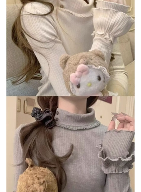 DOLL原创-香香布蕾-杏色灰色高领打底衫女秋冬新款百搭修身上衣