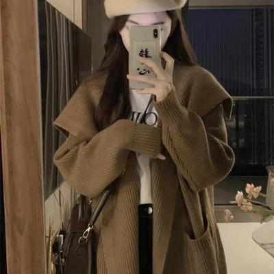 复古慵懒风长袖翻领毛衣外套女秋冬高级感加厚宽松中长款针织开衫