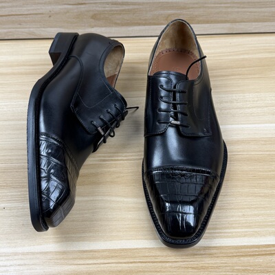 40码撤柜断码男鞋鳄鱼皮黑色三接头正装皮鞋半皮底德比鞋