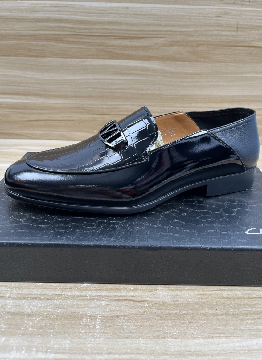 吊牌1980黑色牛皮亮皮压花鳄鱼皮纹舒适轻质一脚蹬休闲男式皮鞋