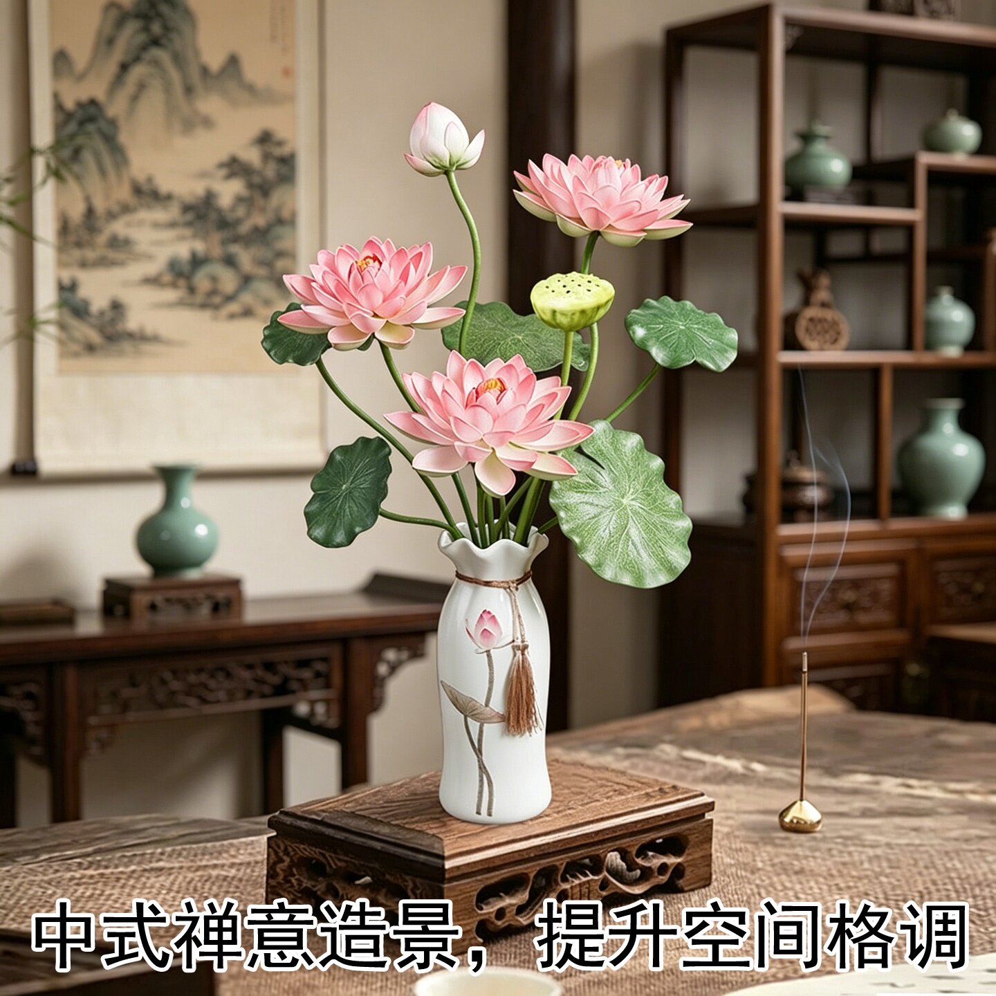 国风禅意仿真荷花莲蓬造景摆件