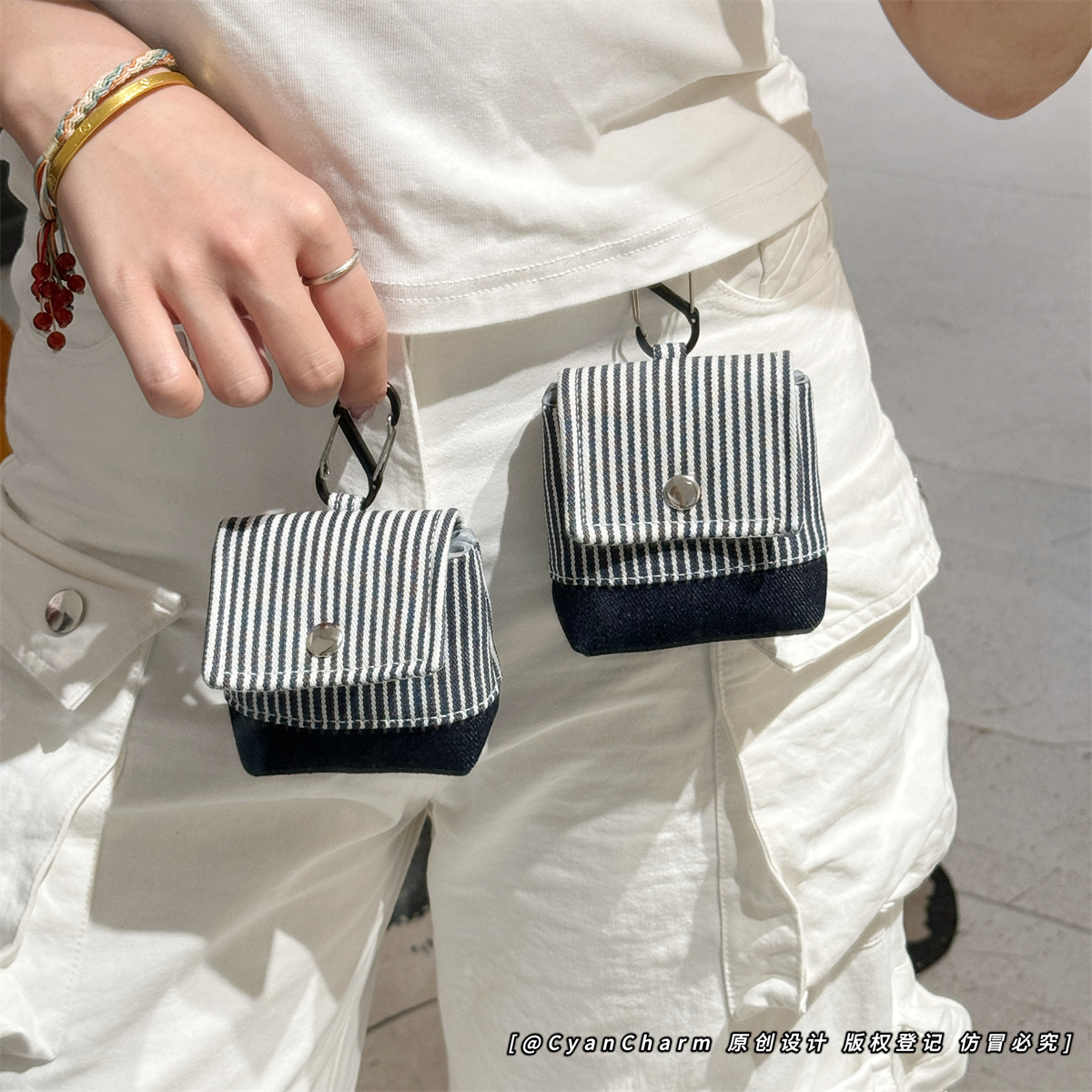 简约条纹牛仔创意挂脖零钱包随身便携耳机口红收纳包情侣包包挂件