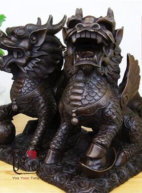 黄铜麒麟摆件一对大号中式招财火麒麟家居饰品玄关客厅店铺摆件