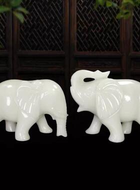 天然白玉石大象摆件一对纯手工雕刻桌面客厅玄关家居饰品开业礼品