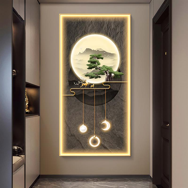 新中式迎客松入户走廊玄关装饰壁画带灯轻奢山水麋鹿楼梯竖版挂画图片