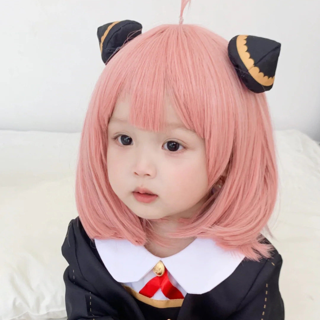 儿童假发女孩短发浅粉色阿尼亚cos波波头甜美可爱拍照写真全头套