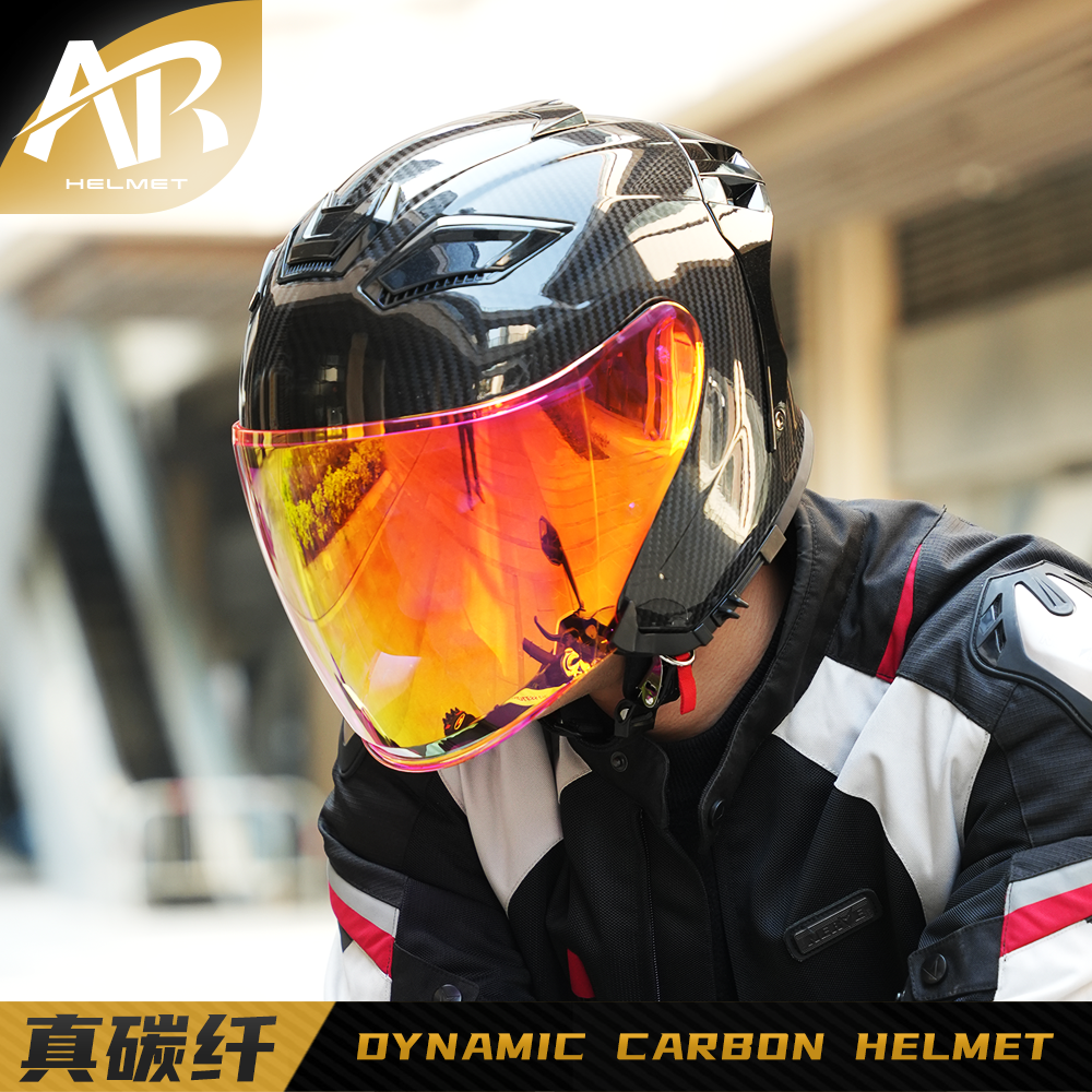 AR摩托车头盔 夏季真碳纤维双镜片半覆式四分之三摩旅复古半盔801