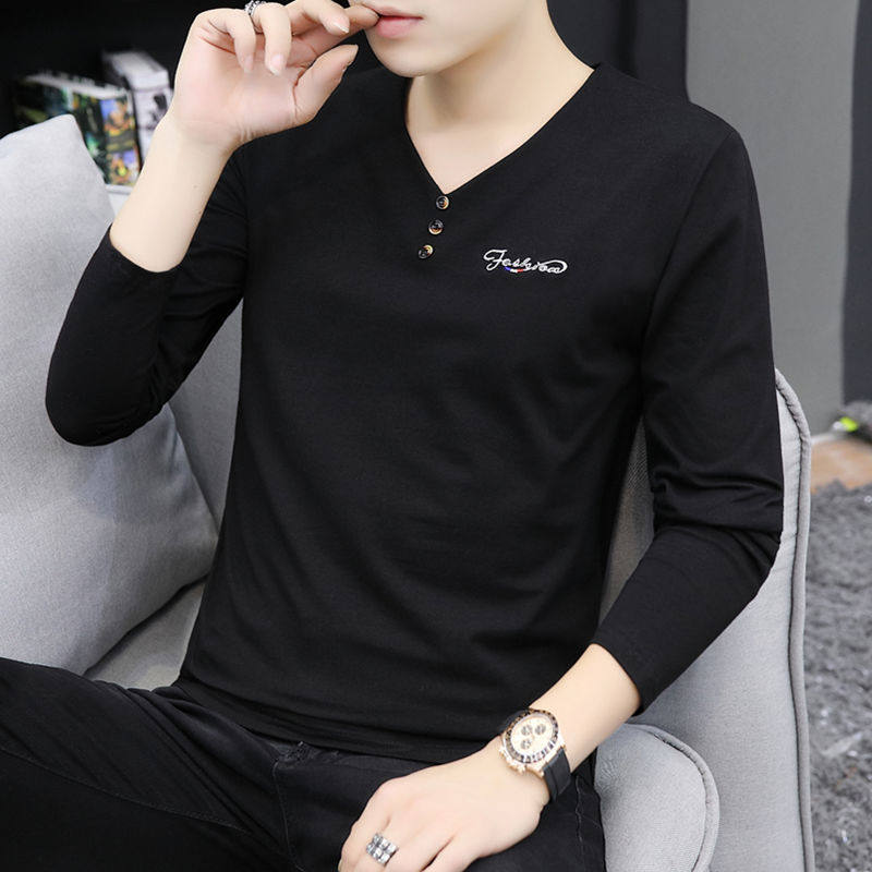 春秋季长袖t恤男纯棉V领卫衣鸡心领薄款修身刺绣高级感百搭打底衫