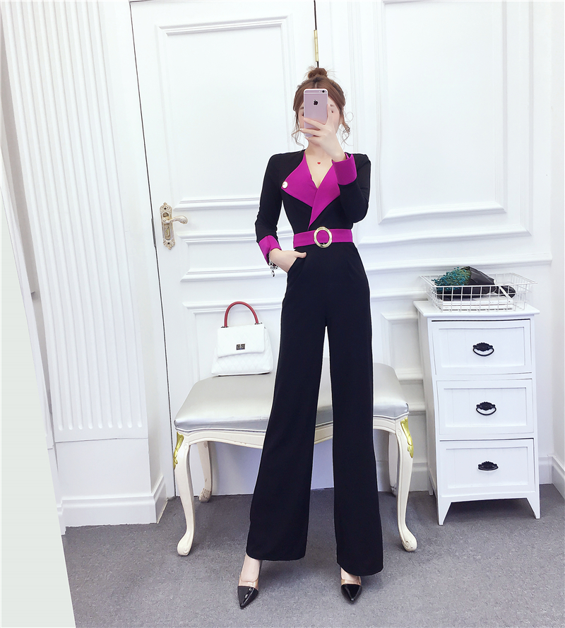 3女神范2021年秋装新款韩版时尚气质翻领拼色收腰显瘦修身连体裤女