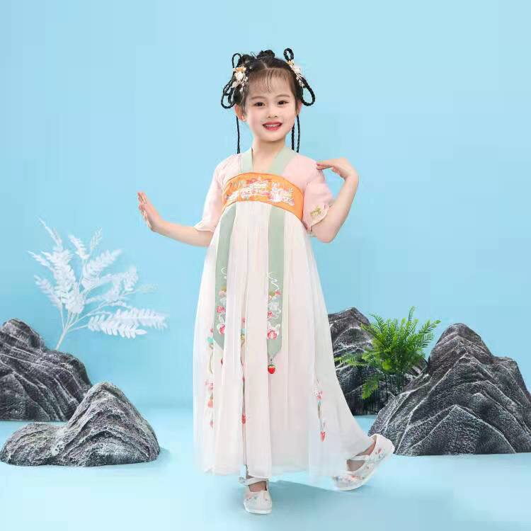 儿童汉服女童夏季薄款古装超仙襦裙短袖中国风夏装雪纺公主连衣裙