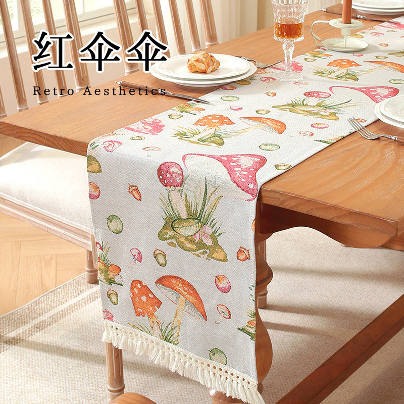 简约卡通长条桌布蘑菇美式田园风鞋柜餐边柜装饰布茶几桌旗餐桌用