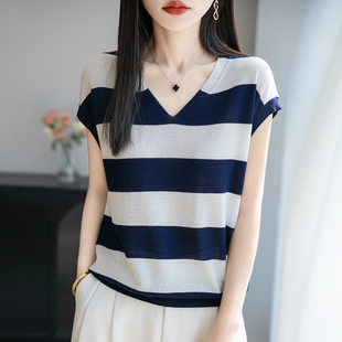体恤 条纹V领短袖 t恤女士2025款 夏装 宽松鸡心领洋气上衣冰丝针织衫