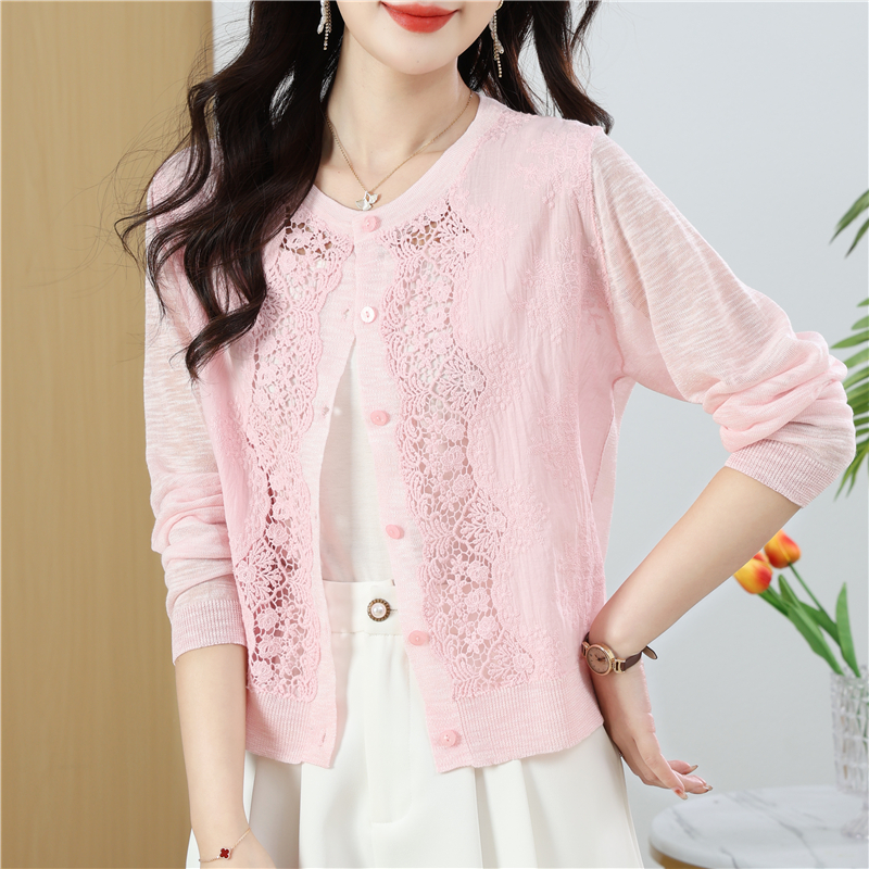 粉色薄款镂空针织开衫女蕾丝配旗袍裙子披肩冰丝长袖防晒外套短款