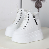 女单鞋 厚底超高跟内增高13CM小个子皮面休闲小白鞋 黑色高帮鞋 秋季