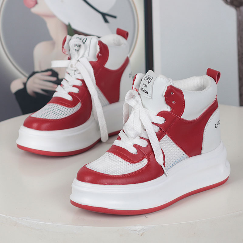 厚底5cm高帮网面小白鞋女春夏小个子红色结婚鞋学生板鞋运动鞋女