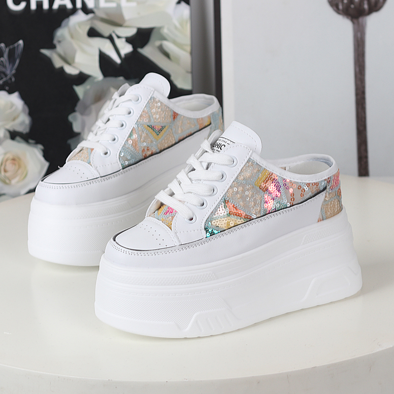 休闲厚底松糕鞋包头半拖亮片