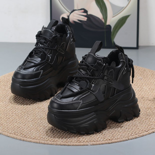 加绒小白鞋 女黑色运动休闲鞋 皮面老爹鞋 松糕厚底12cm内增高冬季