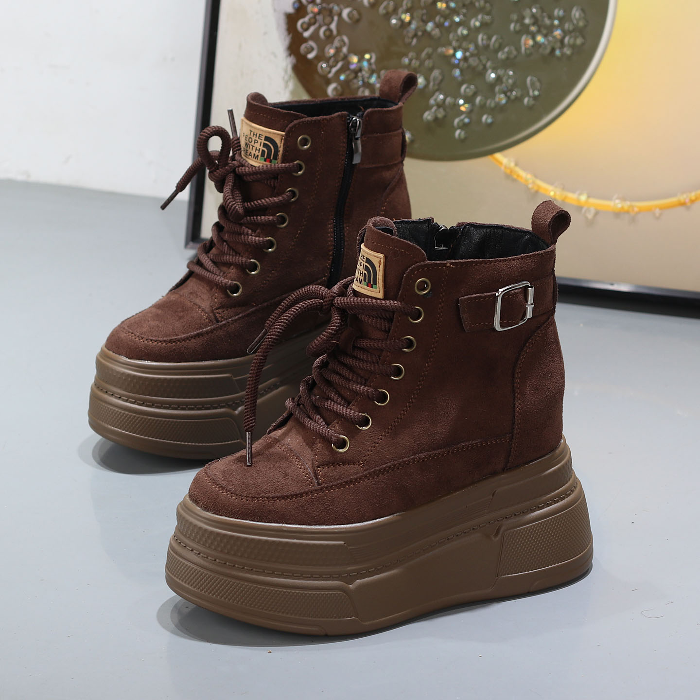 马丁靴绒面厚底超高跟内增高10CM