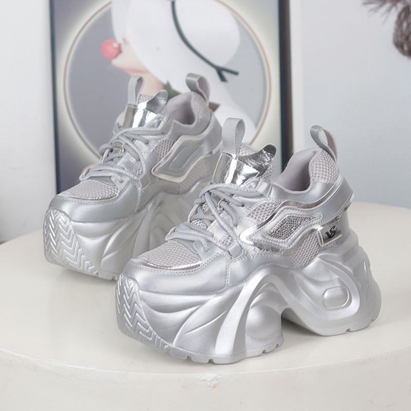 内增高12CM网面老爹鞋女春季小个子10cm松糕厚底小白鞋百搭休闲鞋