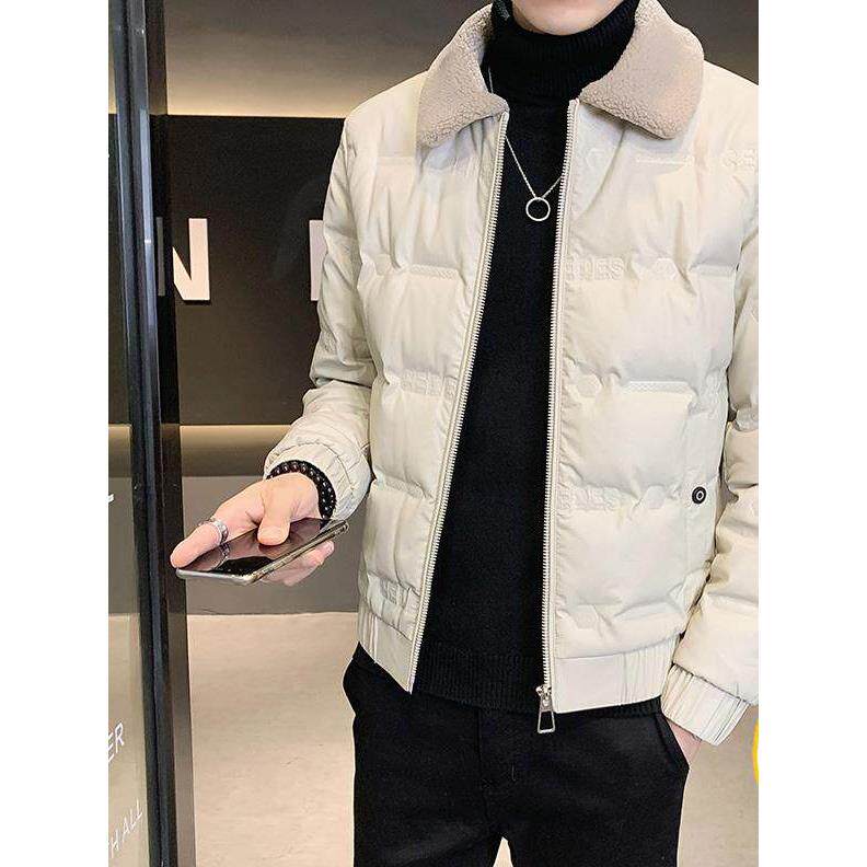 冬季白鸭绒保暖毛领轻薄羽绒服男潮牌爆款潮流短款立领皮夹克外套
