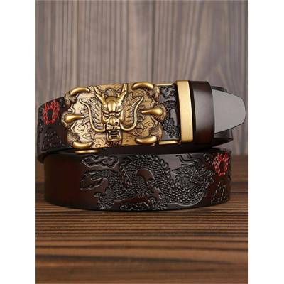 2025新款真皮男士皮带双龙戏珠压花中年裤带男龙爪自动扣牛皮腰带