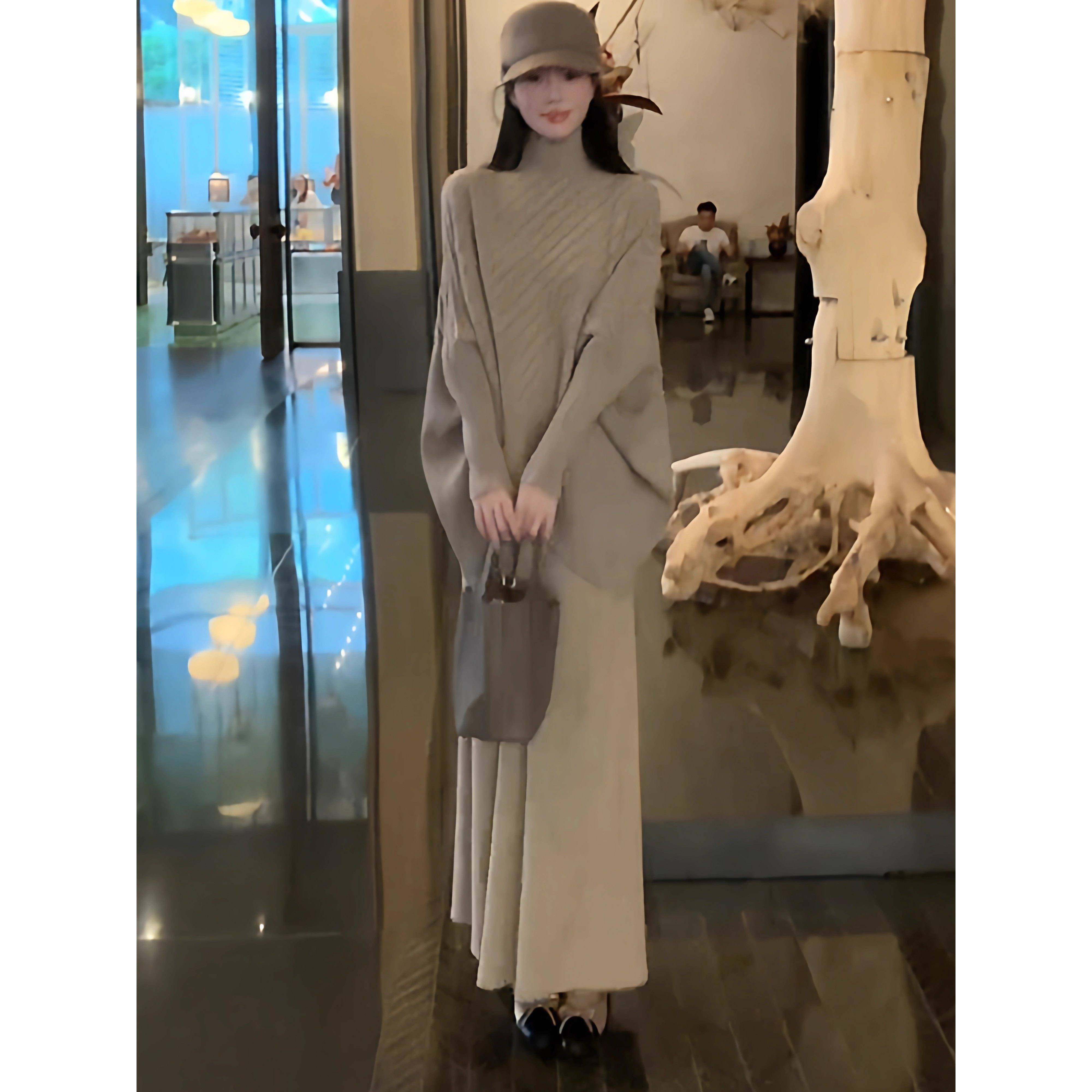 香港代购时尚套装裙女秋冬新款宽松不规则针织衫半身裙气质两件套