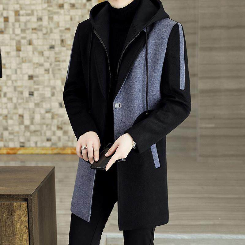 羊毛呢子大衣男冬季中长款2025新款连帽拼接潮流风衣男士羊绒外套