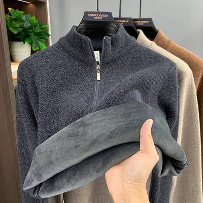 半高领男士毛衣加绒加厚冬季保暖套头卫衣男款一体绒打底针织衫潮