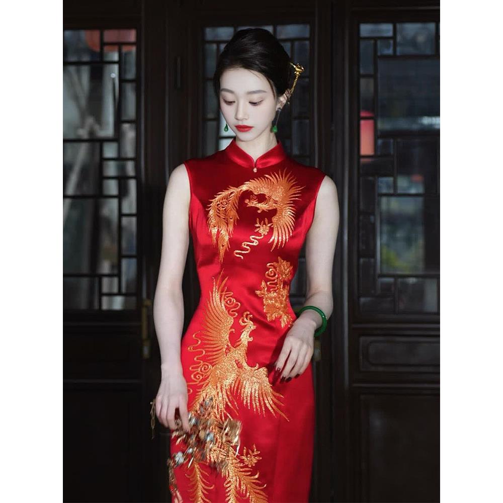 Ocnltiy新中式国风订婚旗袍新娘夏季新款红色婚礼敬酒服连衣裙女