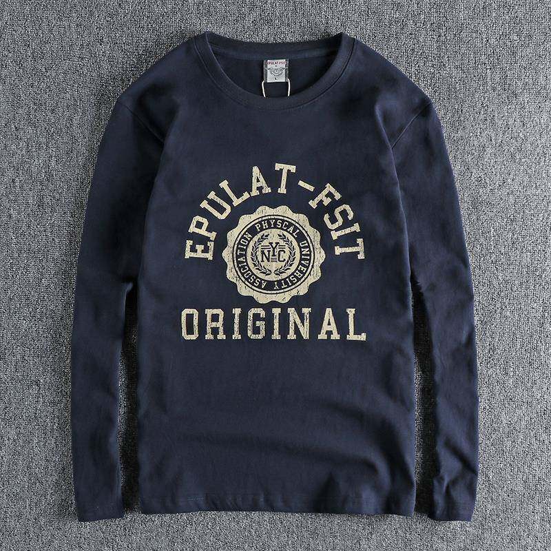 代购秋冬复古NY字母印花磨毛纯棉男士长袖T恤舒适圆领青年打底衫