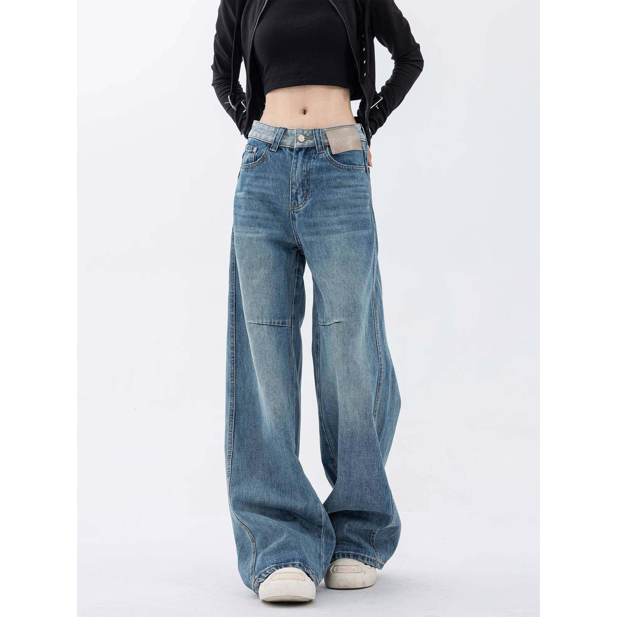蓝色牛仔裤女2025春秋新款高个子设计感拼接覆古水洗直筒阔腿长裤