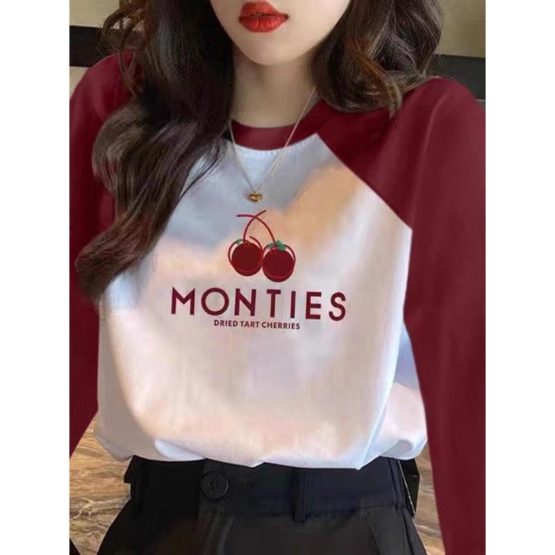 欧洲站撞色插肩T恤女2025新款春秋冬季加绒宽松大码内搭打底衫潮