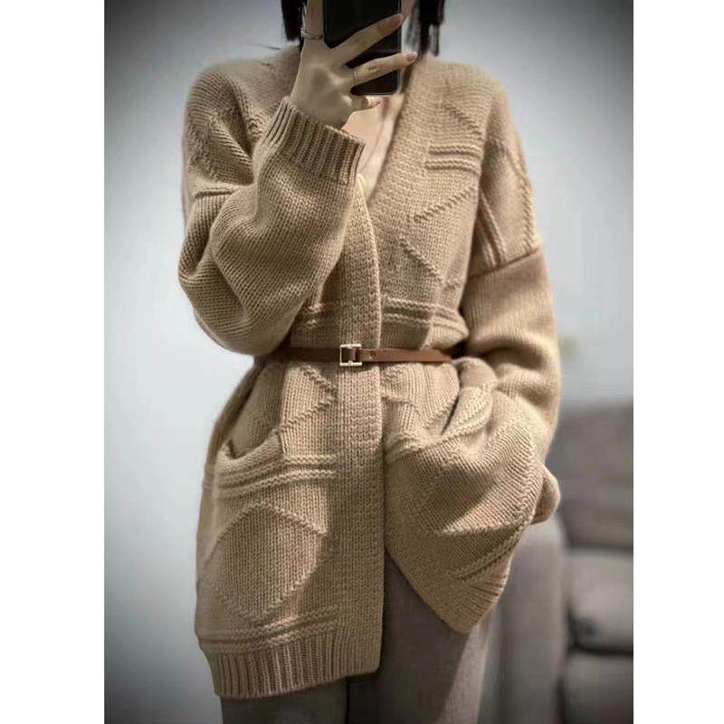 25秋冬新款中长款V领扭花羊毛开衫女重磅加厚宽松慵懒风针织外套