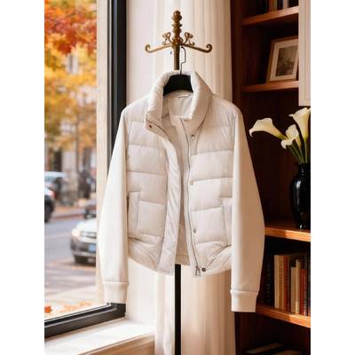 韩国立领小个子轻薄拼接羽绒服女2025冬宽松短款90白鸭绒保暖外套