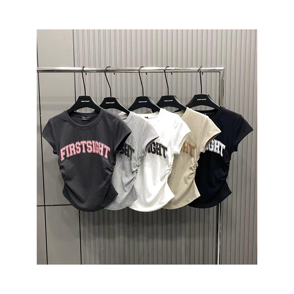 韩国圆领字母印花正肩短袖T恤显瘦系带收腰修身露脐短款上衣女夏