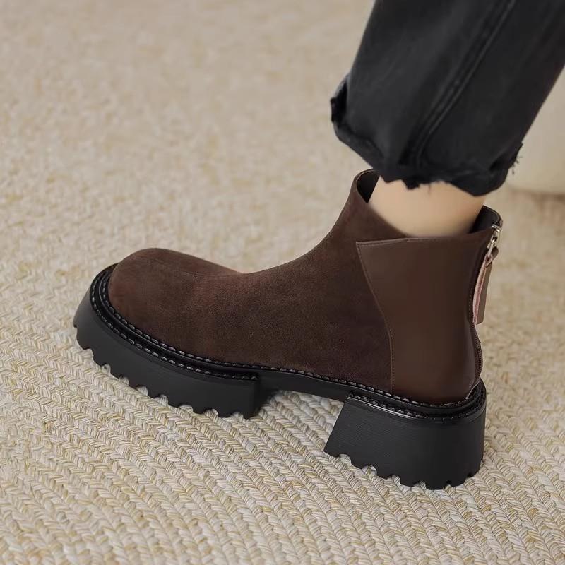 覆古圆头真皮短靴女2025秋冬新款厚底增高百搭粗跟马丁靴瘦瘦靴