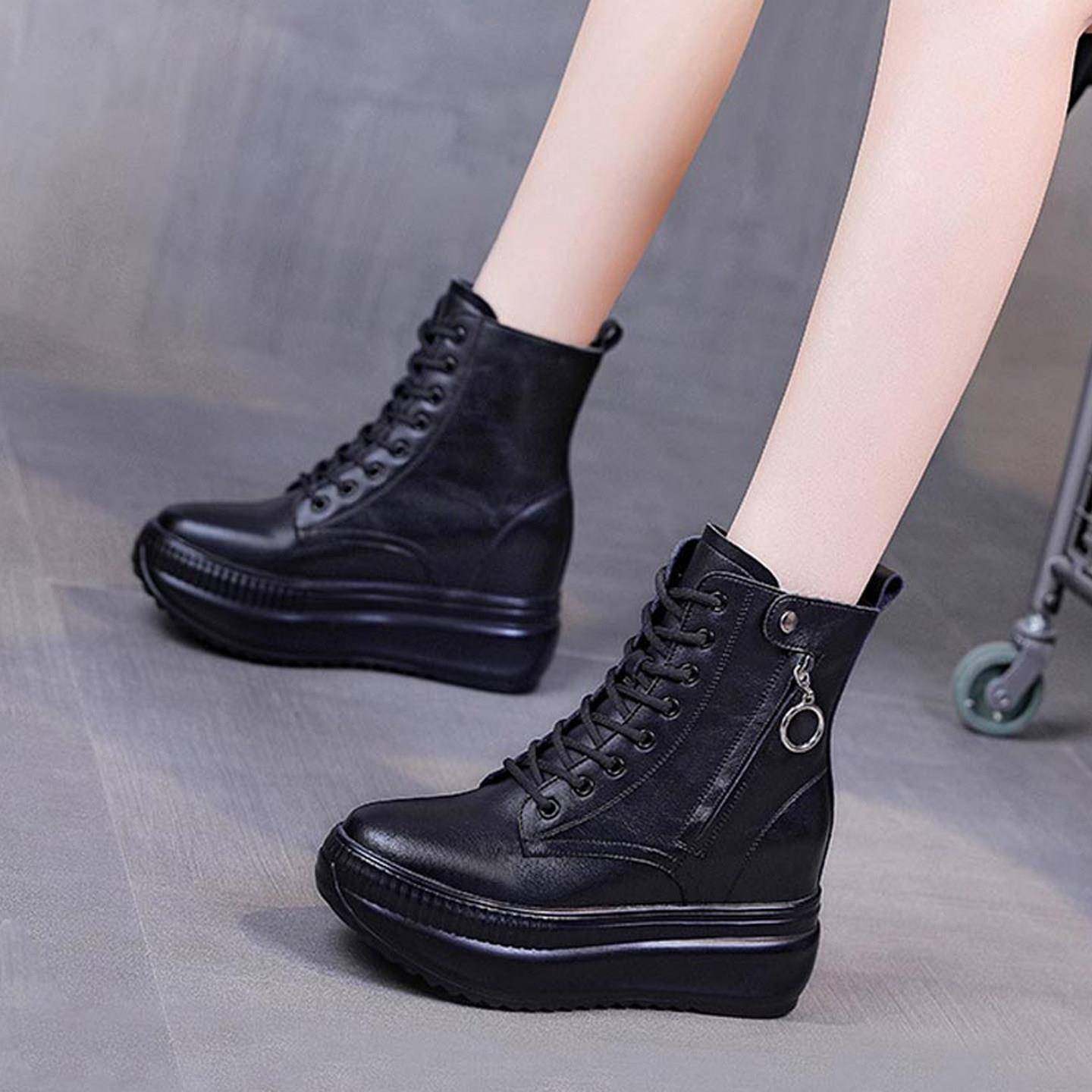 真皮内增高马丁靴女小个子2025年新款冬季加绒厚底8cm女款短靴子