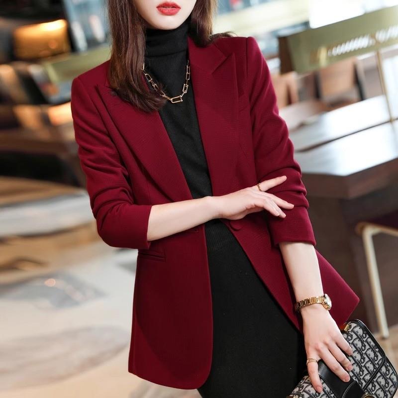 酒红色职业小西装外套女春秋2025新款高级感气质休闲大码西服上衣
