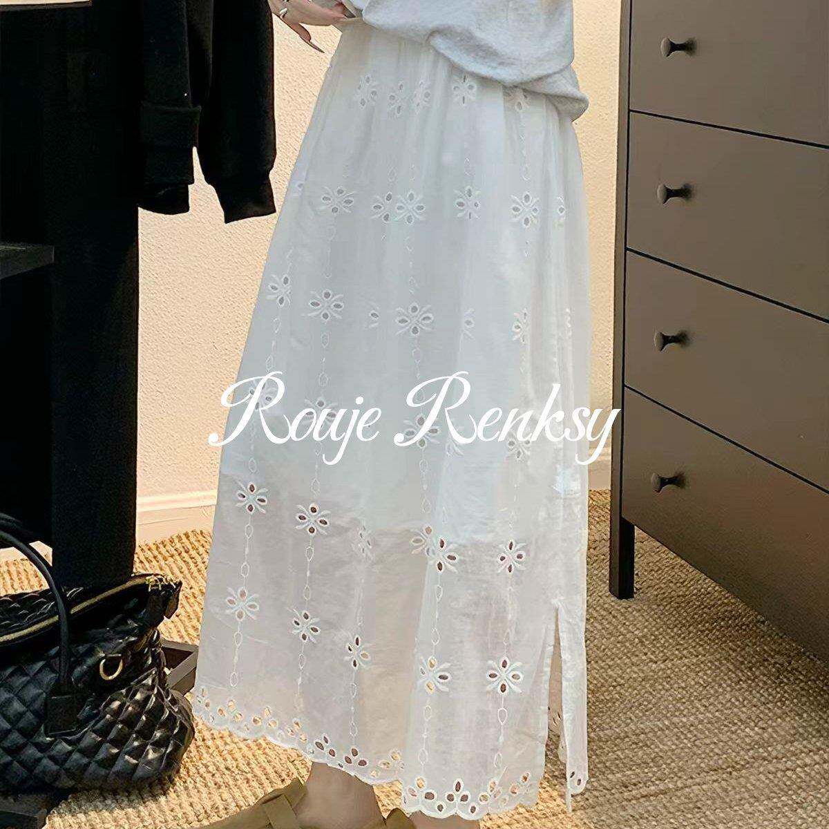 法国Rouje Renksy法式白色镂空开叉钩花半身裙女夏高腰显瘦A字裙