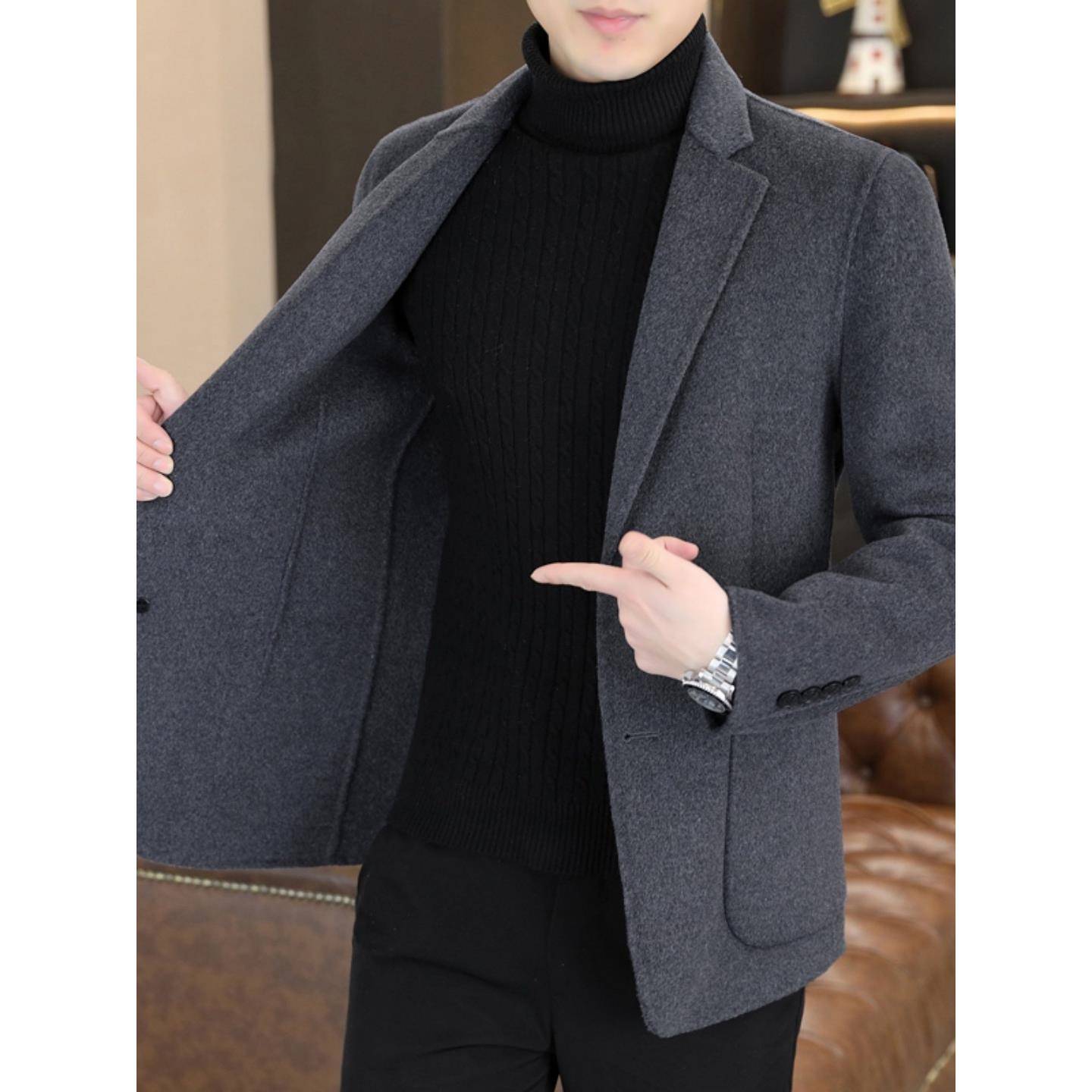 高端男士羊毛西装外套秋冬新款翻领修身休闲西服双面呢短款大衣男