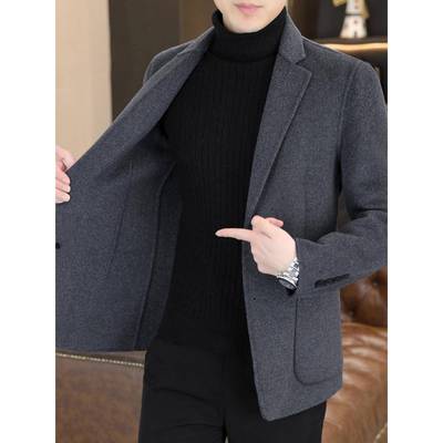 高端男士羊毛西装外套秋冬新款翻领修身休闲西服双面呢短款大衣男