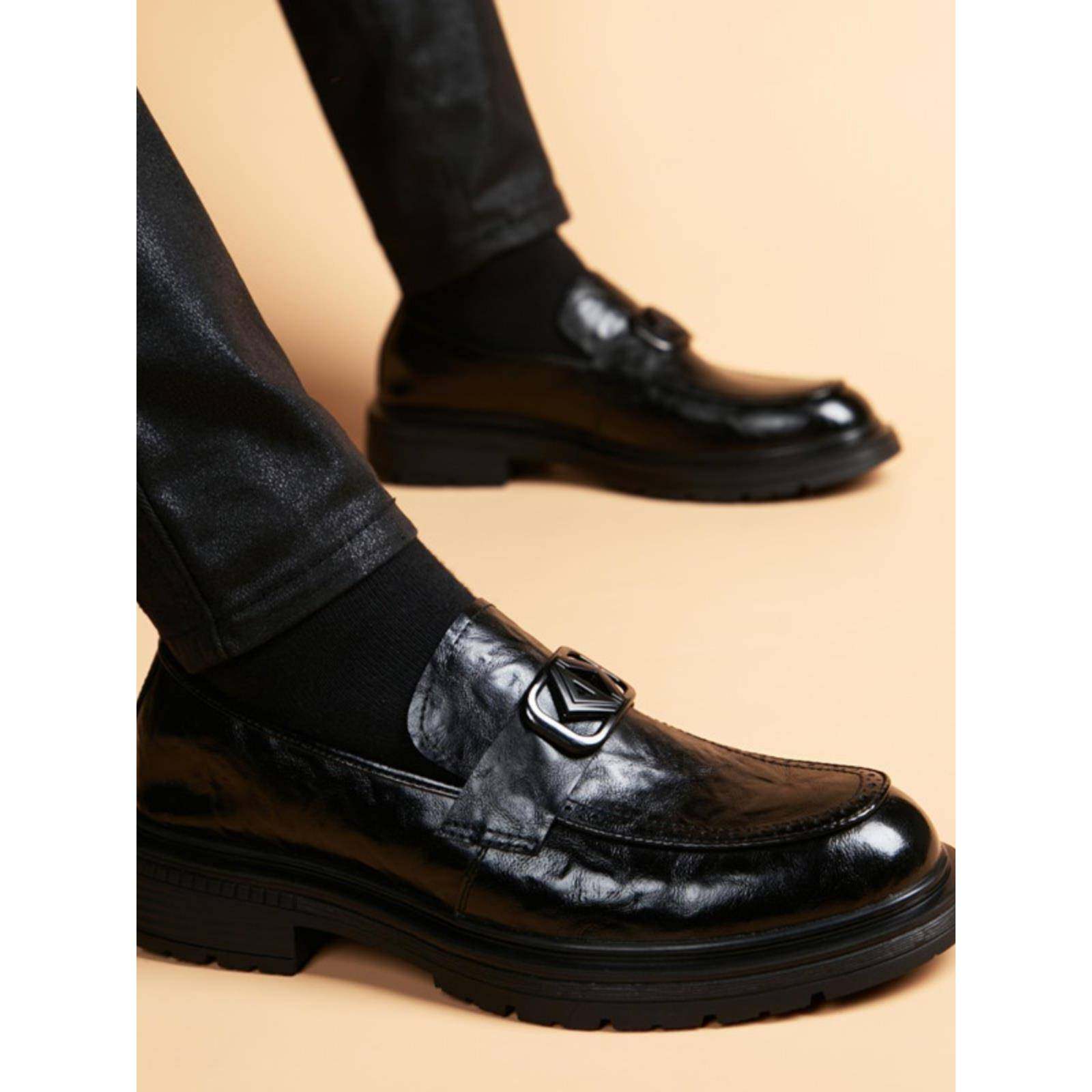 潮牌商务正装皮鞋男士英伦真皮透气一脚蹬休闲软底内增高乐福男鞋