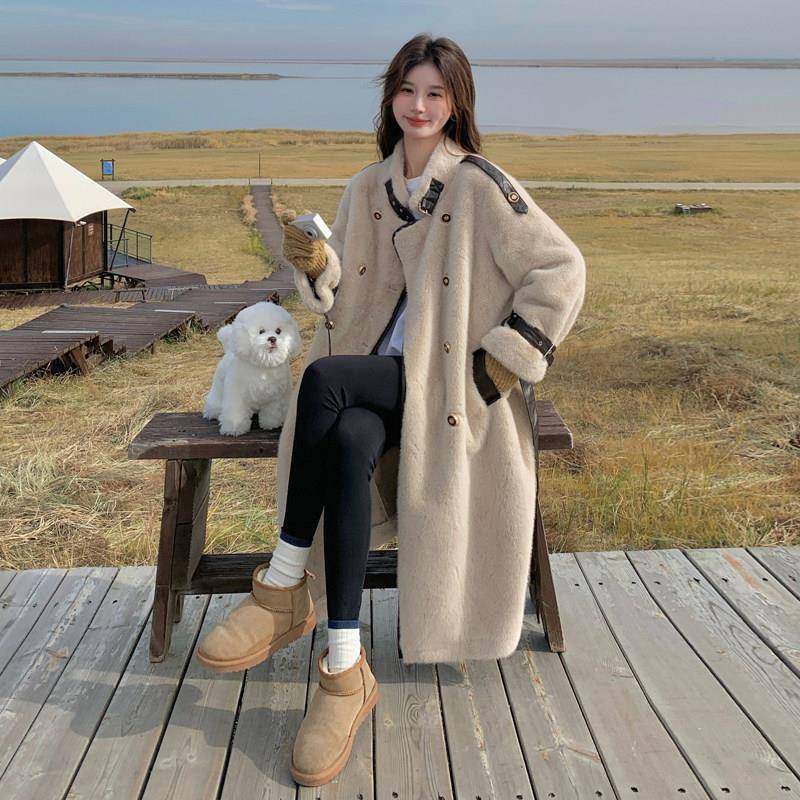仿皮草羊羔毛外套女款 冬季加厚保暖中长款大衣 2025新款米杏色双
