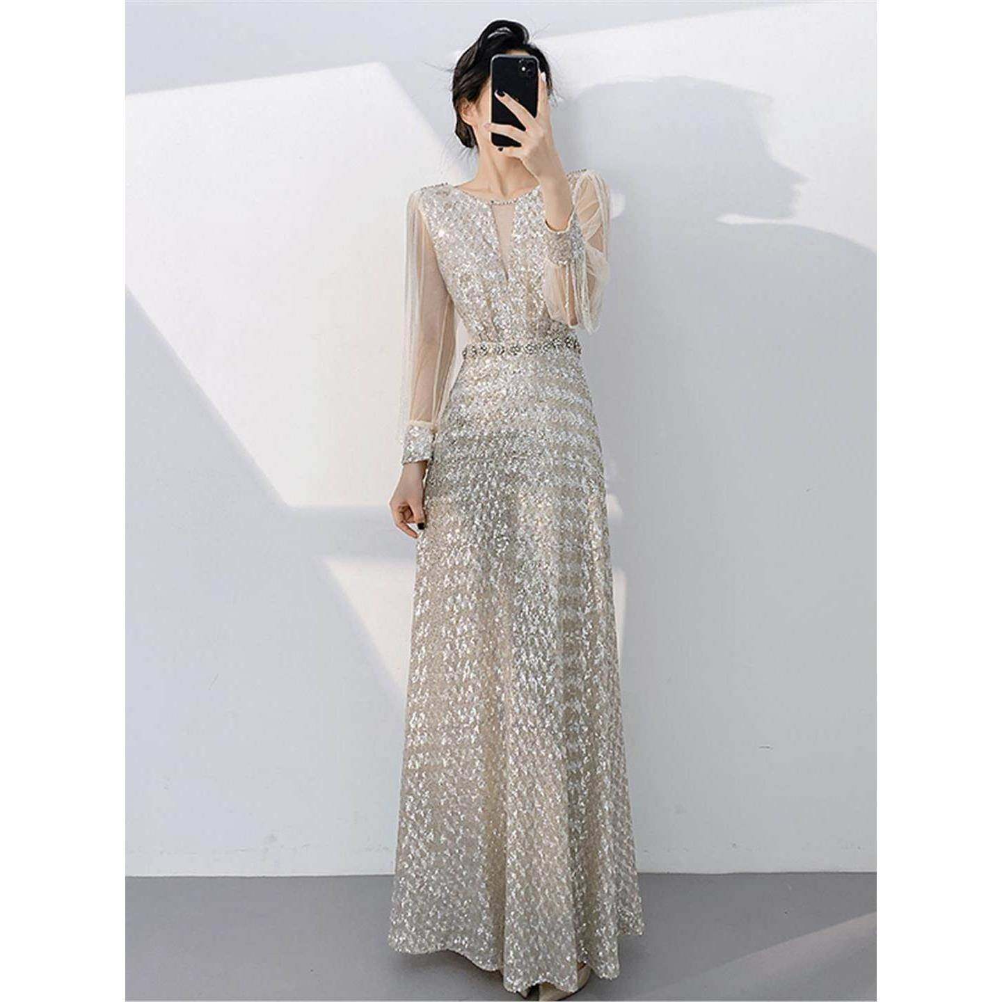 Ocnltiy高端晚礼服女新款高级感宴会成人礼主持人年会银色亮片裙