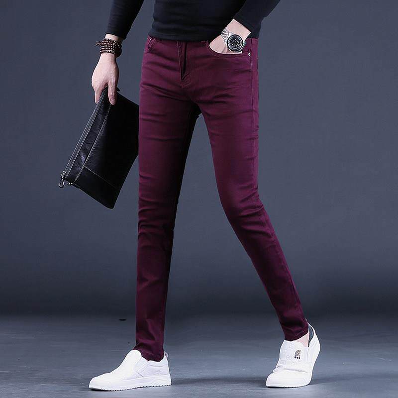 香港2025春秋季裤子男士牛仔裤韩版潮流修身小脚休闲长裤红色男裤