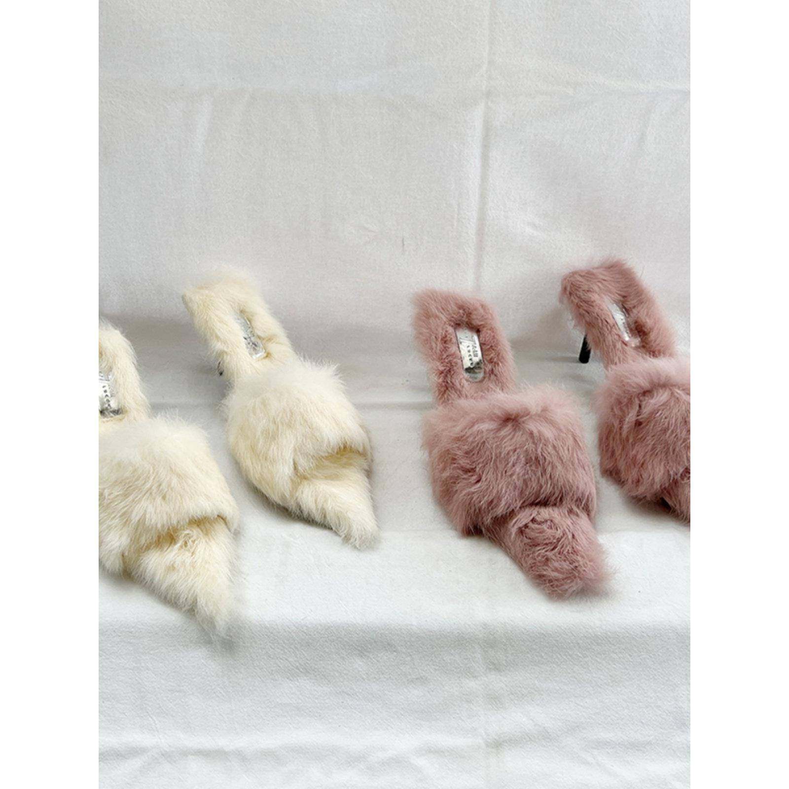 欧美尖头细跟兔毛外穿露趾拖鞋女2025秋冬高跟一字带毛毛性感凉拖,女鞋,毛毛鞋,淘宝优惠券,粉丝福利购,淘宝优惠卷